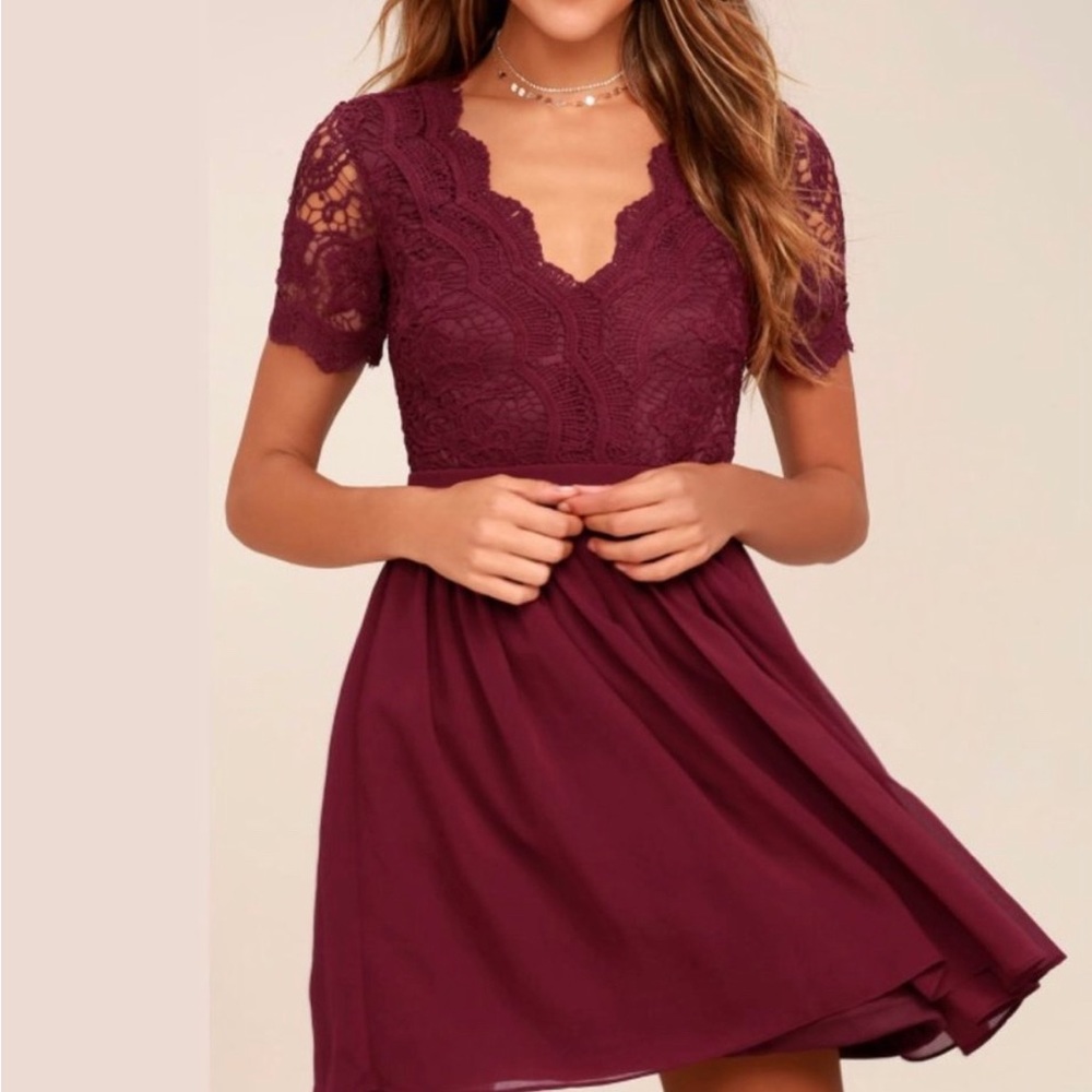 Angel in Disguise Burgundy Lace Skater Dress. Size S.